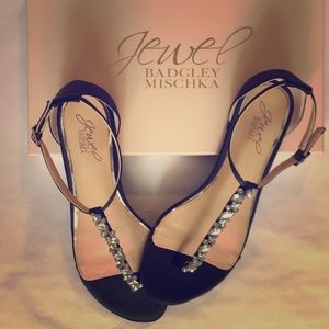 New Badgley Mischka Black Satin Rhinestone Sandals